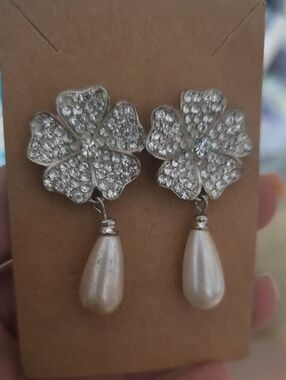 Silver Crystal Flower Earrings with White Pearl Drops